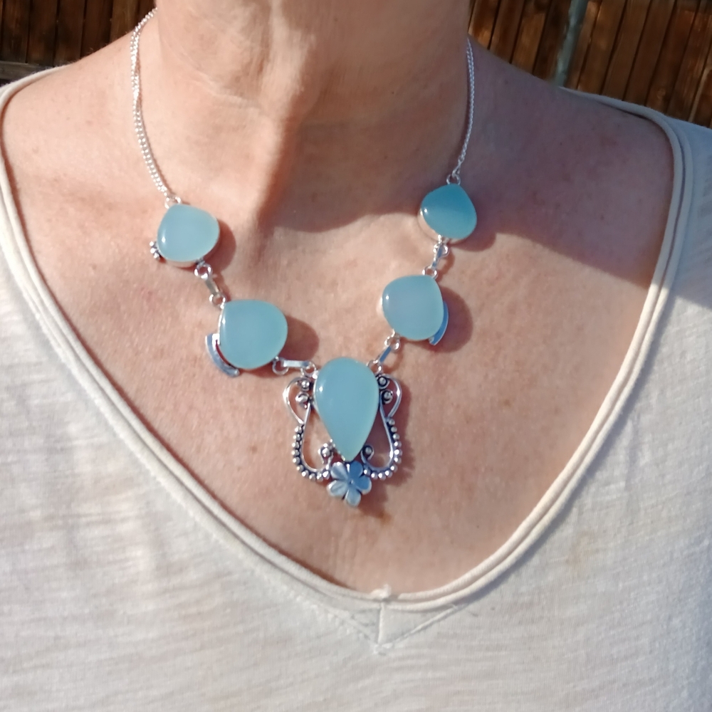 New Blue Chalcedony 925 Silver Necklace.